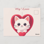 Cute White Cat with Heart Kawaii Kitty Love Design ポストカード (裏面)