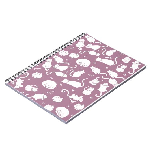 Cute White Cats Pattern on Mauve Background ノートブック (左側)