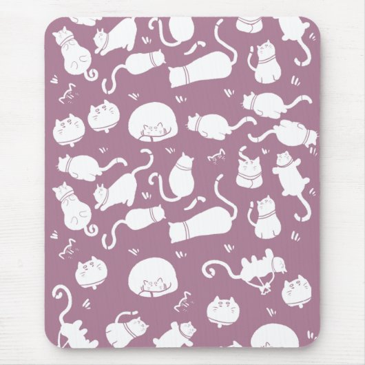 Cute White Cats Pattern on Mauve Background マウスパッド (正面)