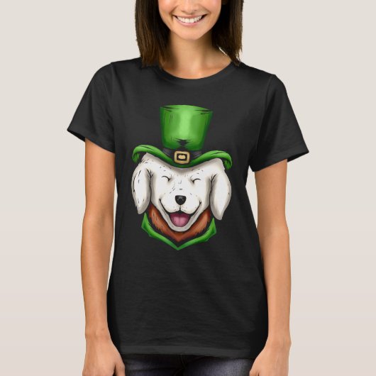Cute White Dog Golden Retriever Green Hat St Patri Tシャツ (正面)
