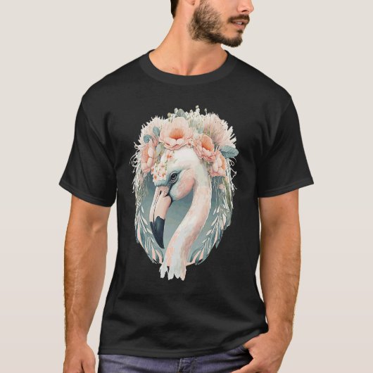 Cute White Flamingo Exotic Bird Flower Crown Tropi Tシャツ (正面)