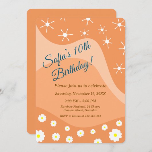 Cute white flowers Birthday Party 招待状 (正面/裏面)