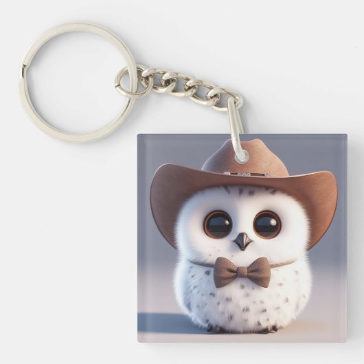 Cute white fluffy owl with a cowboy hat キーホルダー (正面)