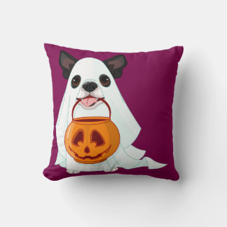 Cute White Halloween Ghost Dog Pumpkin Pail Art クッション