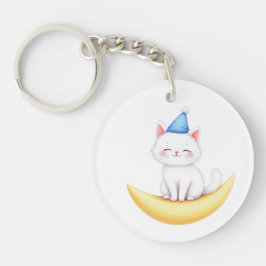 Cute White Kitten on Moon Acrylic Keychain キーホルダー