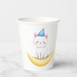 Cute White Kitten on Moon Paper cup 紙コップ