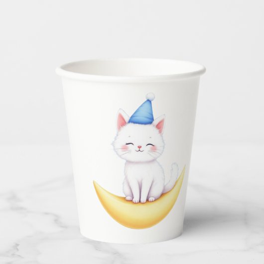 Cute White Kitten on Moon Paper cup 紙コップ (正面)