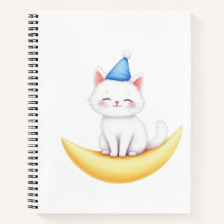 Cute White Kitten on Moon Spiral Notebook ノートブック