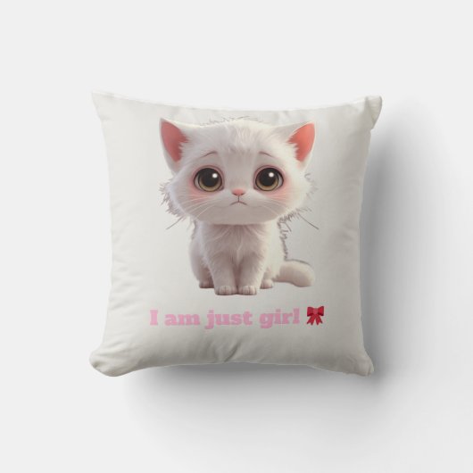 Cute White Kitten Throw Pillow - I Am Just Girl Ca クッション (正面)