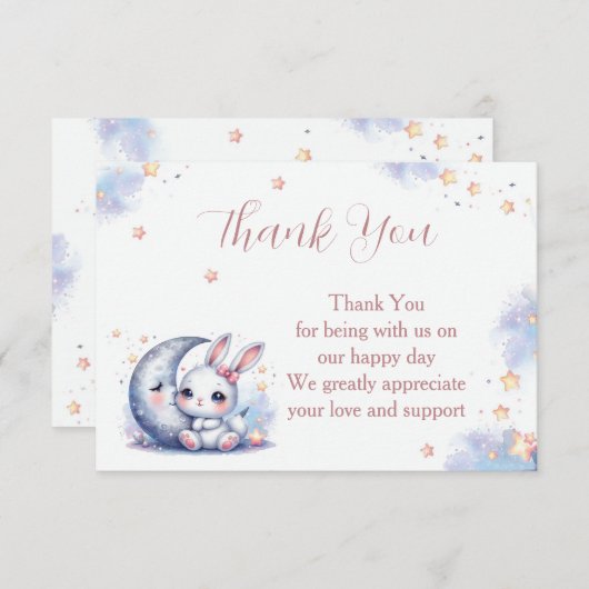 Cute white little bunny and a crescent silver moon サンキューカード (正面/裏面)