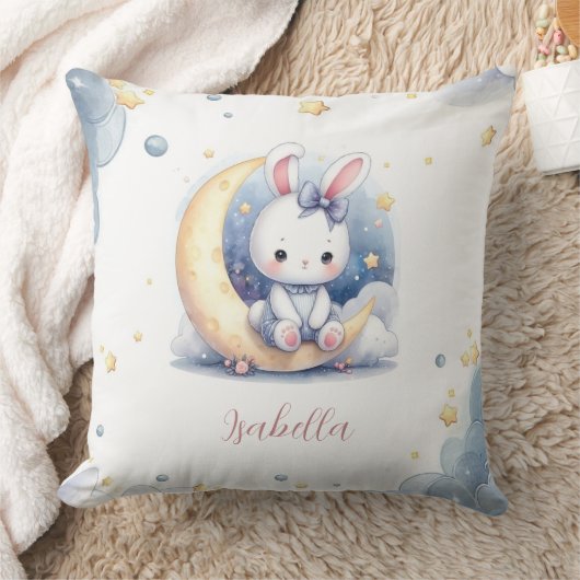 cute white little bunny sitting on the moon クッション (ブランケット)