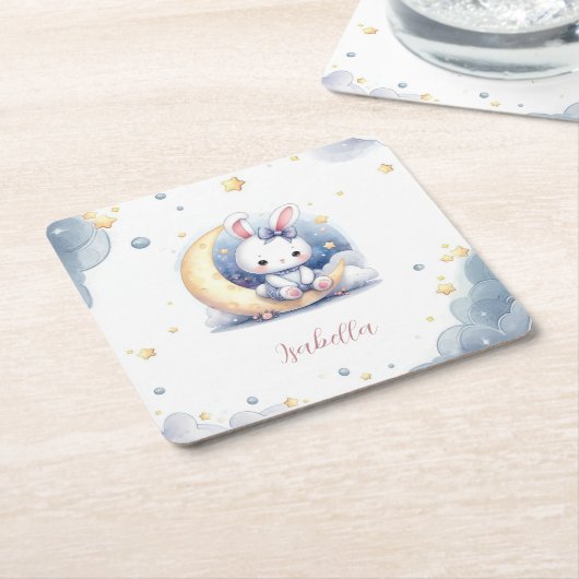 cute white little bunny sitting on the moon スクエアペーパーコースター (アングル)