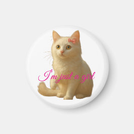 Cute White Persian Cat "I'm Just a Girl" Pink Text マグネット