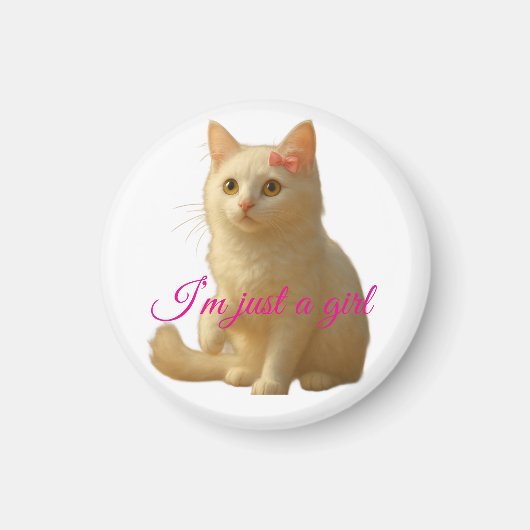 Cute White Persian Cat "I'm Just a Girl" Pink Text マグネット (正面)