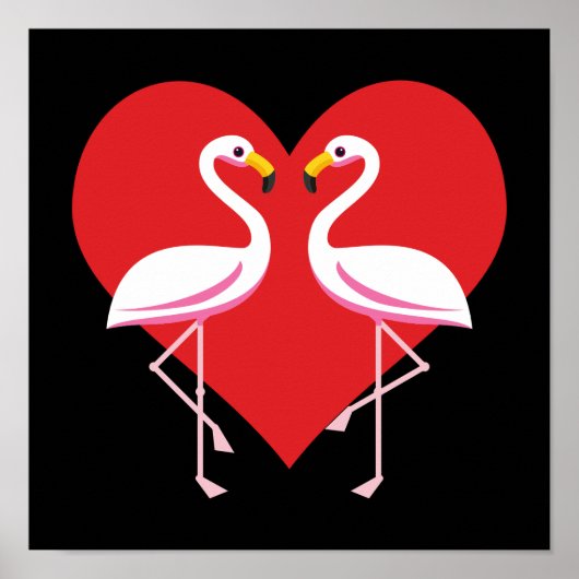 Cute White Pink Flamingos with Red Heart ポスター (正面)