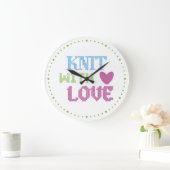 Cute white pink knit with love  ラージ壁時計 (ホーム)