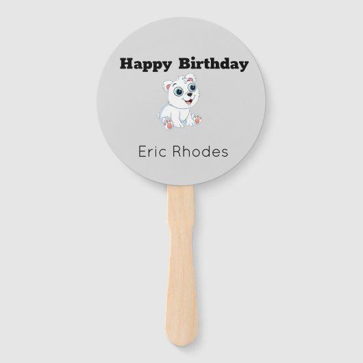 Cute white polar bear on gray birthday ハンドファン (正面)