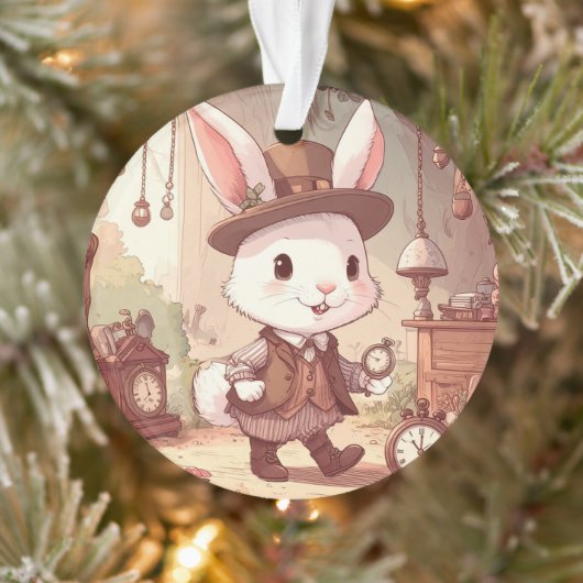 Cute White Rabbit Wonderland Whimsical Timekeeper オーナメント (ツリー)