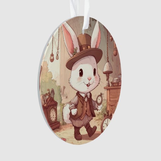 Cute White Rabbit Wonderland Whimsical Timekeeper オーナメント (正面)