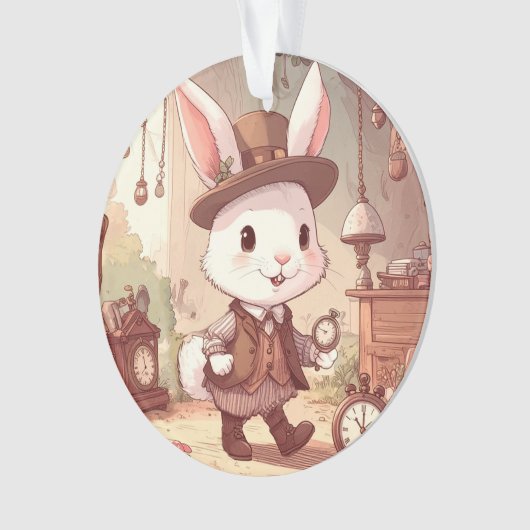 Cute White Rabbit Wonderland Whimsical Timekeeper オーナメント (正面)