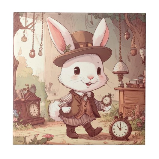 Cute White Rabbit Wonderland Whimsical Timekeeper タイル (正面)