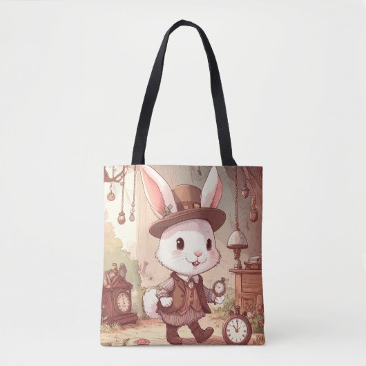 Cute White Rabbit Wonderland Whimsical Timekeeper トートバッグ (正面)