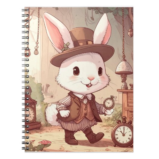 Cute White Rabbit Wonderland Whimsical Timekeeper ノートブック (正面)