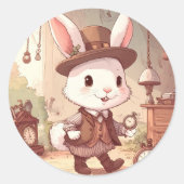 Cute White Rabbit Wonderland Whimsical Timekeeper ラウンドシール (正面)