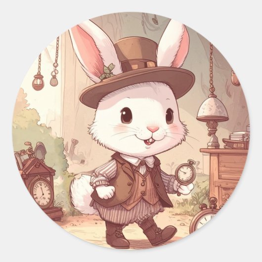 Cute White Rabbit Wonderland Whimsical Timekeeper ラウンドシール (正面)