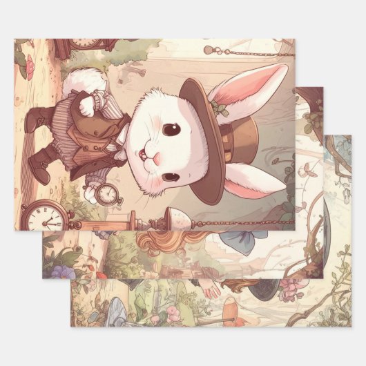Cute White Rabbit Wonderland Whimsical Timekeeper ラッピングペーパーシート (セット)