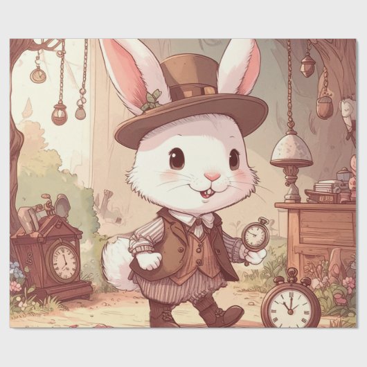 Cute White Rabbit Wonderland Whimsical Timekeeper ラッピングペーパー (フラット)