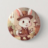 Cute White Rabbit Wonderland Whimsical Timekeeper 缶バッジ (正面)