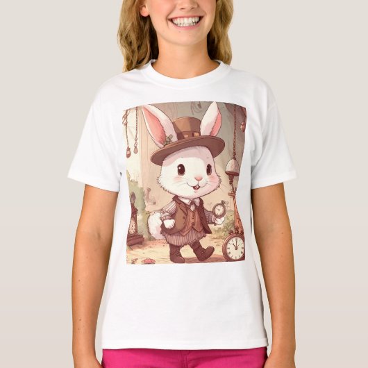 Cute White Rabbit Wonderland Whimsical Timekeeper Tシャツ (正面)