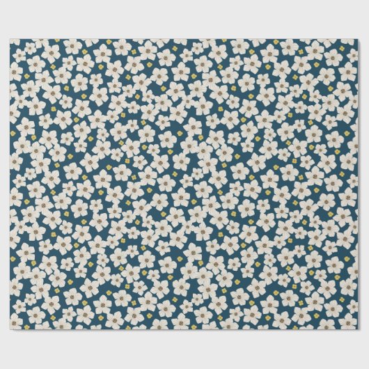 Cute White Spring Flowers Pattern on Deep Blue ラッピングペーパー (フラット)