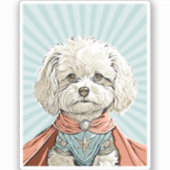 Cute White Superhero Dog Custom-Cut Vinyl Sticker シール (正面)