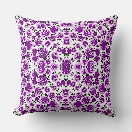 Cute white violet roses patterns クッション (正面)