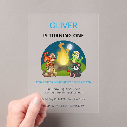 Cute Wild Animals Campfire Kids 1st Birthday アクリル招待状 (インサイチュ (ポータブル))