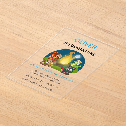 Cute Wild Animals Campfire Kids 1st Birthday アクリル招待状 (レイダウン)