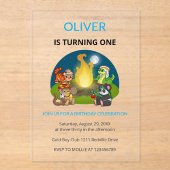 Cute Wild Animals Campfire Kids 1st Birthday アクリル招待状 (正面)