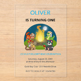 Cute Wild Animals Campfire Kids 1st Birthday アクリル招待状