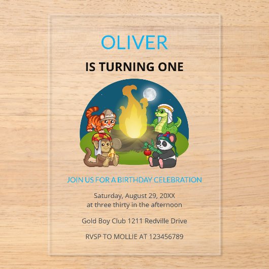 Cute Wild Animals Campfire Kids 1st Birthday アクリル招待状 (正面)