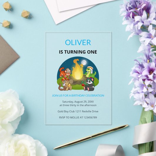 Cute Wild Animals Campfire Kids 1st Birthday アクリル招待状 (インサイチュ (ウェディング))