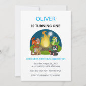 Cute Wild Animals Campfire Kids First Birthday 招待状 (正面)