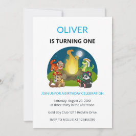 Cute Wild Animals Campfire Kids First Birthday 招待状