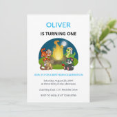 Cute Wild Animals Campfire Kids First Birthday 招待状 (スタンド正面)