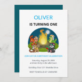 Cute Wild Animals Campfire Kids First Birthday 招待状 (正面/裏面)