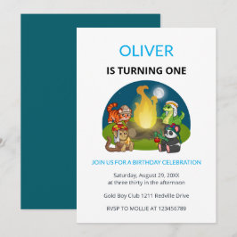 Cute Wild Animals Campfire Kids First Birthday 招待状