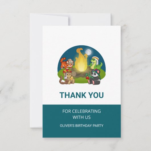 Cute Wild Animals Jungle Camping Birthday Party サンキューカード (正面)