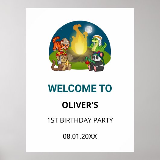 Cute Wild Animals Jungle Camping Birthday Welcome ポスター (正面)