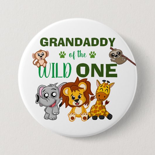 Cute Wild One Jungle Safari Zoo Animal Grandaddy 缶バッジ (正面)